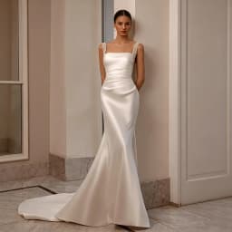 Satin Mermaid Wedding Dress Beaded Strap Square Neck V Back Detachable Overskirt Bridal Gown For Wedding Elopement Shoot 2026