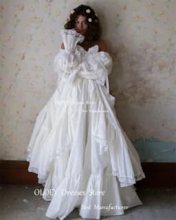 OLOEY Vintage Customized Chiffon Lace Ruched A Line Wedding Dresses Strapless Three Quarter Sleeve Floor Length Bride Gowns