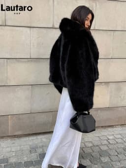 Lautaro Winter Short Thick Warm Shaggy Soft Black Faux Fur Coat Women Shawl Collar 2026 Loose Luxury High Quality Fluffy Jacket