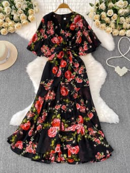 Summer Women Red/White/Yellow Floral Printed Irregular Ruffle Long Dress Vintage V-Neck Puff Sleeve Elegant Dress With Belt New