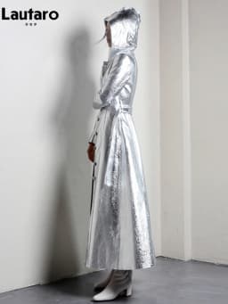 Lautaro Spring Autumn Extra Long Cool Silver Shiny Reflective Pu Leather Trench Coat for Women with Hood Luxury Runway Fashion