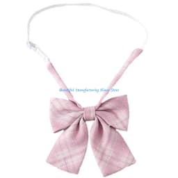 E56A JK Girl Sweet Pink Checkered Pre-Tied Tie Polyester Silk Necktie Japanese College School Uniform Bowknot Bowtie Neckwear