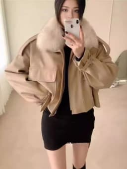 Women Clothing Short Detachable Rabbit Fur Collar Warm Black Coats Women Tops Autumn/Winter New Velvet Thickened Leather Jacket