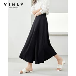 VIMLY Black Wide-Leg Pants 2026 Autumn Flowy Ankle-Length Side Zipper Detail Trousers Office Lady Commuter Fashion Bottoms A1738