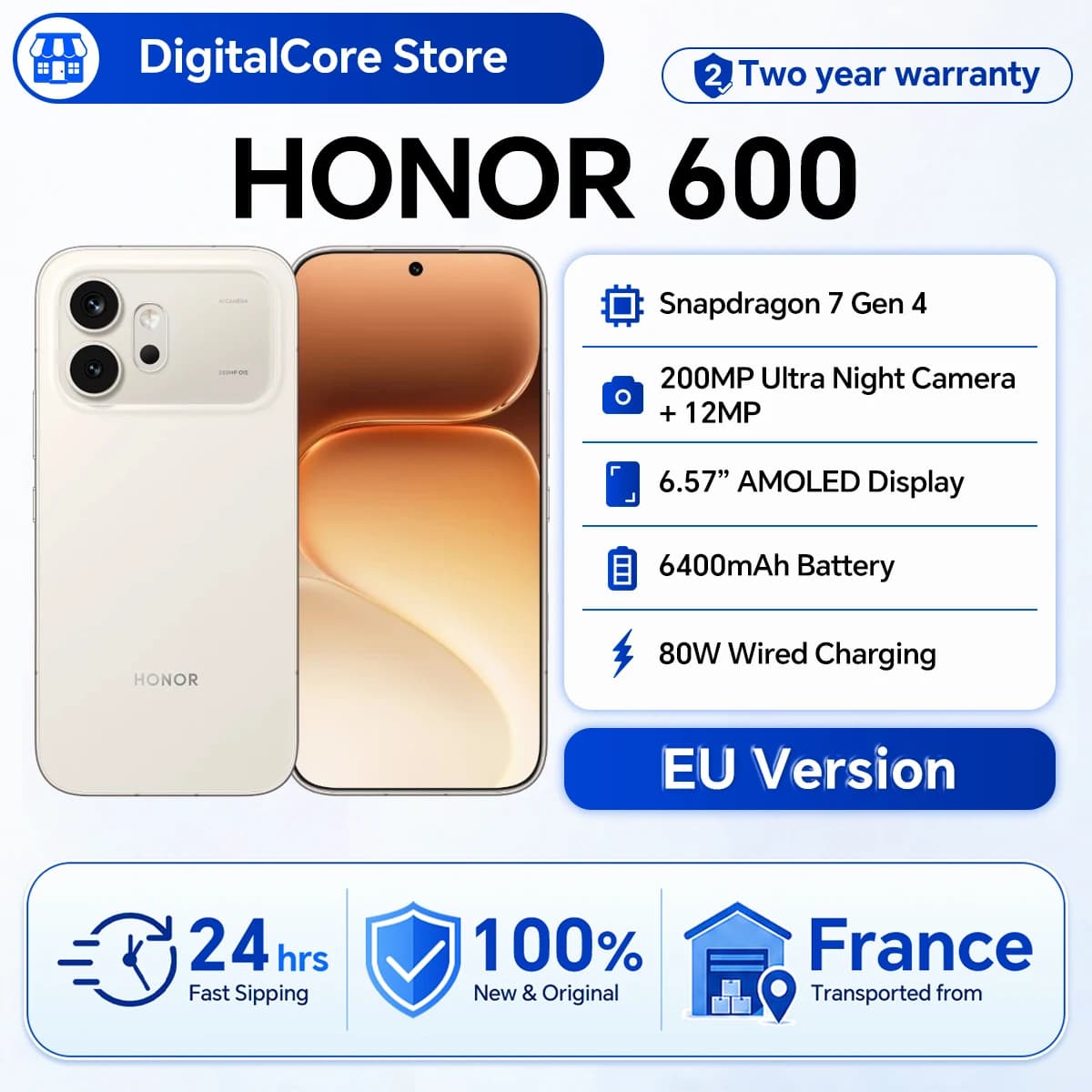 HONOR 600 5G Smartphone EU Version Snapdragon 7 Gen4 6.57” AMOLED Display 6400mAh 80W SuperCharge 8GB+256GB/512GB 200MP AI Ultra Night Camera OIS Metal Unibody Design NFC IP68