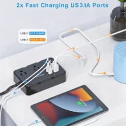 Ultra Thin Flat Plug Extension Cord with 4 USB Ports(2 USB C), 5ft Surge Protector Power Strip, 6 Widely Outlets Extender