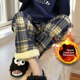 Afashion Lamb Velvet Fleece Lined Thick Plaid Casual Pants Women's Autumn Winter Loose Straight Leg Wide Leg Cotton Sleepwear Tr