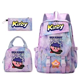 Kirby Cartoon Print Student Backpack Set for Girls with Lunch Bag and Pencil Case School Bookbag Lightweight Daypack