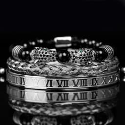 3PCS Mens Premium Black Agate Beaded Bracelet Set - Double Leopard Head, Roman Numerals, Adjustable Braided Design Bracelets