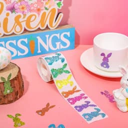 500Pcs Easter Bunny Stickers Roll Colorful Laser Rabbit Paper Decals 5 Colors Spring Sparkly Self Adhesive Seal Stickers