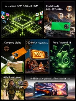 Cubot KingKong ES 5 Rugged Smartphone Android 16 Up to 12GB RAM(6+6GB) 128GB ROM / 24GB RAM(12+12GB) 256GB ROM 6.88-Inch 120Hz Screen 7000mAh Battery NFC Face Recognition Fingerprint Recognition IP69K 64MP+16MP SCT620