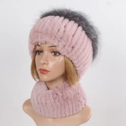 Women's Winter Warm Genuine Fur Hat Scarf Set Real Rex Rabbit Fur Cap with Silver Fox Scarves 2-Piece Natural Fashion Accessory