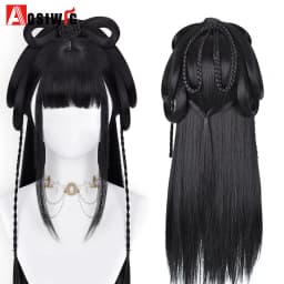 Synthetic Ancient Hanfu Wig One-Piece Full Head Set Design Wig Heat-Resistant Cosplay Party Dress Up Wig With Braids for Women