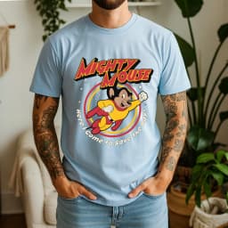 2026 Summer Mens Mighty Mouse Graphic Oversize Tee 100% Cotton Classic Cartoon Short Sleeve
