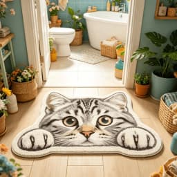 VIKAMA Lying Fluffy White Cat Shaped Doormat 2D Painting Flannel Non Slip Waterproof Floor Mat Bedroom Animal Decor Rug