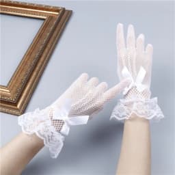 New 1pair Bride Stretchy Fishnet Lace Gloves Five-finger Hollowout Gloves with Lace Bow Tie Pearls Lolita Gloves Wedding