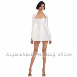 Customized Simple Bride Gowns Mini Satin A-line Women's Wedding Party Dresses White Button Long Sleeve Civil Wedding Dress Short