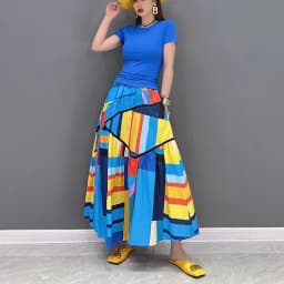 Elastic Waist A-Line New 2023 Summer Korean Style Woman Long Blue Printed Skirt Pockets Loose Fit Casual Holiday Skirt JJSK031