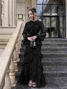 Elegant Solid Layered Ruffle Long Dress Women O Neck Long Sleeve Belt Chiffon Maxi Dress Autumn Wedding Guest Evening Party Robe