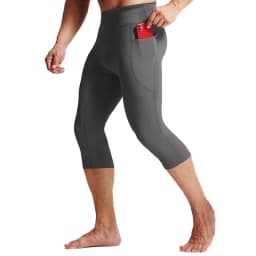 Men's High Waist Compression 3/4 Running Pants, High Elastic Quick Dry Breathable Gym Workout Capri Leggings with Side Pockets