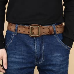 Men 2 Pin Buckle Top Real Full Grain Genuine Leather Belt 38 mm Double Needle Casual Jeans Belt