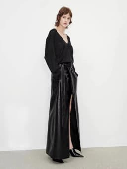 Lautaro Spring Autumn Shiny Black Soft Pu Leather Floor Length Skirt Women with Front Slit High Waist Extra Long Clothes 2025