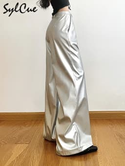 Sylcue Silver Retro Matte Trendy Personalized All-match Casual High Street Cool Confident Casual Women's Autumn Wide Leg Pants