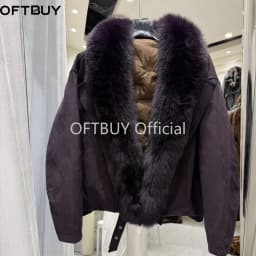 OFTBUY Large Real Fox Fur Collar White Duck Down Coat Women Jacket Winter Warm Thick Belt Detail Fashion Outerwear