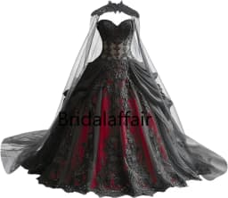 Gothic Weeding Dresses for Brides Black Lace Applique Bridal Dresses Embroidery Tiered Tulle Wedding Gowns with Cape