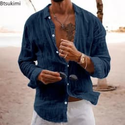 2026 Men's Cotton Linen Shirts Top Simple Laple Solid Man Shirts Tops Comfortable Loose Casual Holiday Shirts for Men Blouses