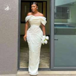 VeraNova Customized Wedding Dresses Vintage Off The Shoulder Satin Pleat 3D Applique Seath Mermaid Back Bow Vestido De Noival