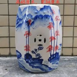 White Porcelain and Drawn Blue Shoe Hand Changing Stool Ceramic Drum Bathroom Neoclassical Imitation Sitting Stool Low Round