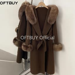 OFTBUY New Winter Warm Hood Solid Woolen Overcoat for Women Long Wool Blend Coat Women Real Fox Fur Belted Waist Jacket Female