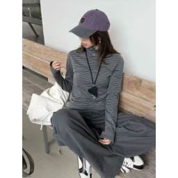 Slimming Effect High Collar Long Sleeve Women's T-shirt Korean Style Vintage Stripes Loose Fit Base Shirt Inner Wear Top