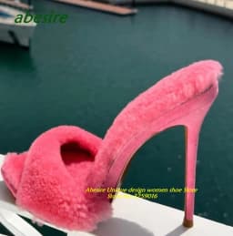 Pink Stiletto Plush Slippers Pointy Toe Thin Heeled Solid Women's Slippers Slip On Sexy Outside 2023 New Arrival Plus Size Shoes