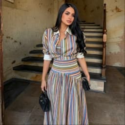 Multicolor Striped Shirt 2 Picec Set Button Front Blouse High Waist Flared Hem Maxi Skirt 2026 Summer Elegant Lady Vacation Suit