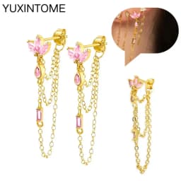 925 Sterling Silver Needle Pink Crystal Heart Hoop Earrings for Women Fashion Geometric Pendant Earrings Luxury Jewelry Gifts