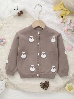 Baby Girl Sheep-Patterned Long-Sleeved Single-Breasted Casual Woolen Cardigan, Cute Little Sheep Embroidery, Soft and Comfortable Fabric
