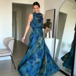 Elegant Blue Ombre Tie-dye Printed Off Shoulder Maxi Dress Satin Cowl Neck Tie Draped Dresses Party Wedding Luxury Evening Gowns