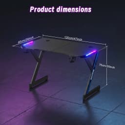 Gaming Desk with RGB LED Lights, Carbon Fiber Surface Gaming Table, Y‑Shaped Game Computer Desk with Cup Holder & Headphone Hook, Adjustable Leveling Feet for Home Office Gaming Room