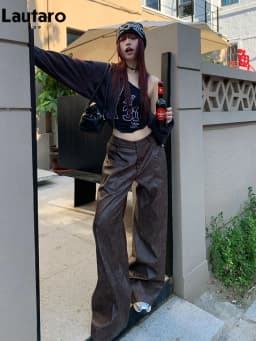 Lautaro Spring Long Loose Casual Soft Distressed Brown Pu Leather Wide Leg Pants for Women High Waist Korean Style Fashion 2024