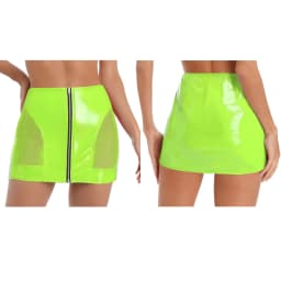 Womens PU Leather Front Zipper Mini Skirt Side Sheer Mesh Patchwork High Waist Bodycon Micro Skirt Wet Look Club Party Miniskirt