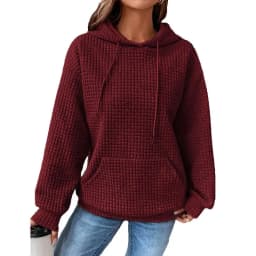 Women's Thick Waffle Knit Crew Neck Sweatshirt with Pocket – Solid Color Hip Length Winter Hoodie for Women's Winter Clothing