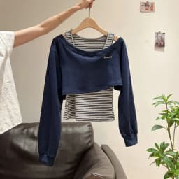 Designer Unique Off-shoulder Tops Women Two Piece Set Long Sleeve Striped Sweatshirt Fall Navy Hoodie Jacket Spring Outwear