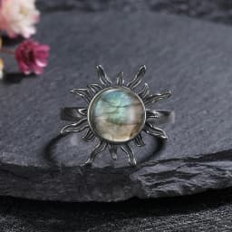 Silver Ring for Women Oval Round Natural Labradorite Ring Gift Sun Shaped Retro Luxury Fine Jewelry