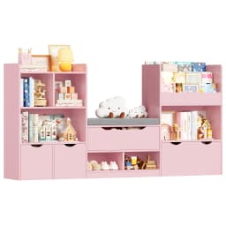 Getone Toy Storage Unit, Children's Bookcase 183cm, Kid's Room Furniture with Bench, children's shelf with 3 Drawers 183.5X94.5X29.8 cm