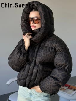 Women's Leopard Print Hooded Cotton Padded Jackets Stand Collar Zipper Short Puffy Coats 2026 Winter Lady Street Warm Outerwear