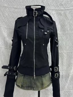 Y2K Gothic Black Slim Double Zipper Hoodie Women's Y2K American Retro Fashion Slim Oversized Cuffs Casual Motorcycle Jacket