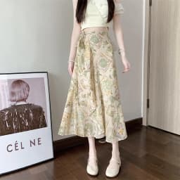 High Waist A-Line Floral Print Chiffon Halter Neck Dress Women's Summer New Style Belted Wrap Skirt Casual Polyester Fiber