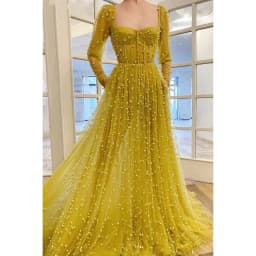 Elegant Square Neck Pearls Open Back Full Sleeves Evening Dress 2026 A-Line Floor Length Tulle Custom Made Party Prom Dress